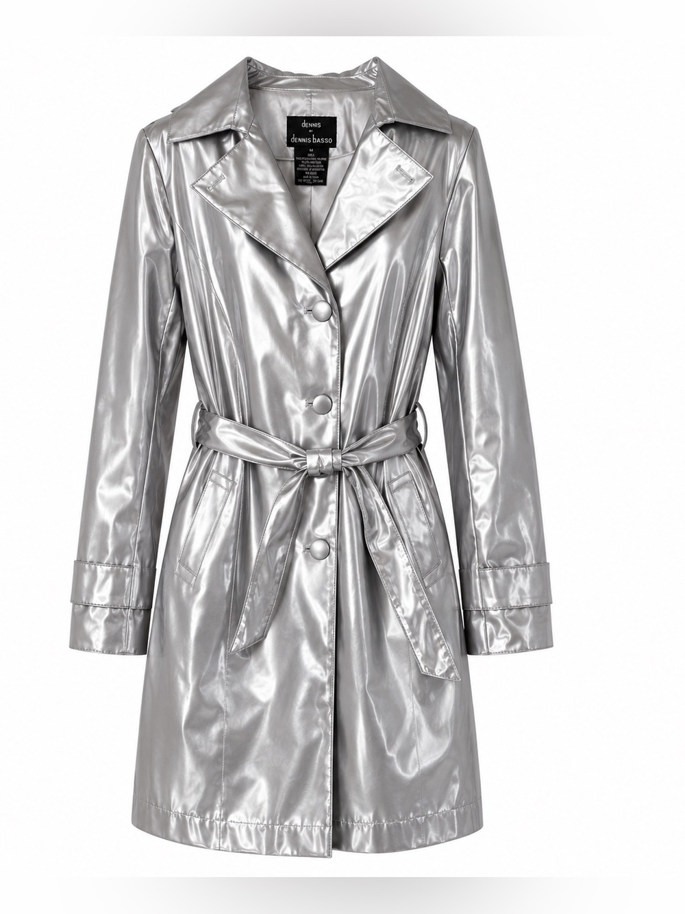 Dennis Basso Silver Metallic Trench Coat
Women's Medium Belted Vinyl Long Jacket